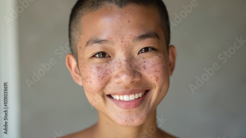 A close-up portrait of an asian young woman with freckles and a shaved head, smiling confidently 