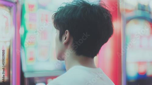 A young man stands in front of colorful slot machine, captivated by vibrant lights and sounds of casino. atmosphere is filled with excitement and anticipation