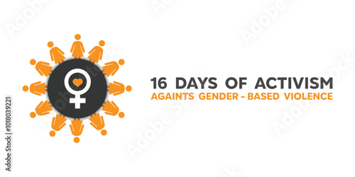 16 Days of Activism against Gender-Based Violence. People, female icon and heart. Great for cards, banners, posters, social media and more. White background. 