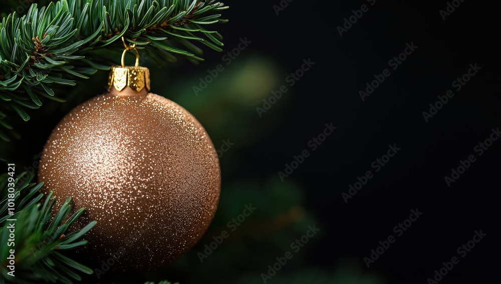 Close up of a sparkling bronze Christmas bauble hanging on a Christmas tree against a dark background. Close up of a sparkling bronze Christmas bauble hanging on a Christmas tree against a dark background.