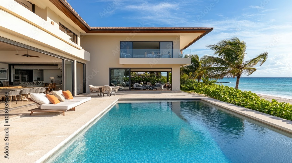 Fototapeta premium Contemporary beach villa with a large pool and beachfront location, no people. Space for copy on the patio