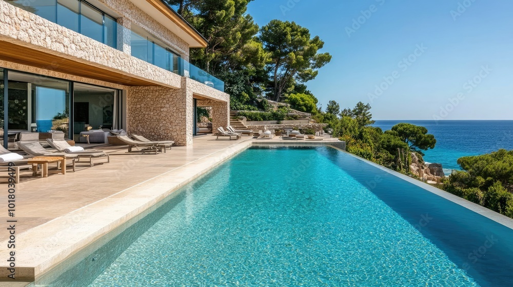 Fototapeta premium Contemporary beach villa with a large swimming pool overlooking the sea, no people. Copy space available.