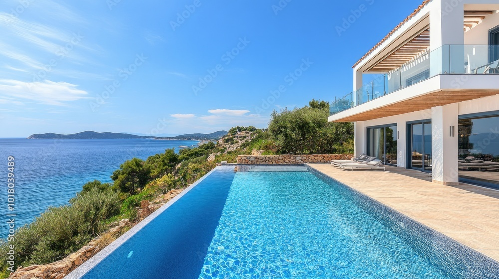 Fototapeta premium Contemporary beach villa with a large swimming pool overlooking the sea, no people. Copy space available.