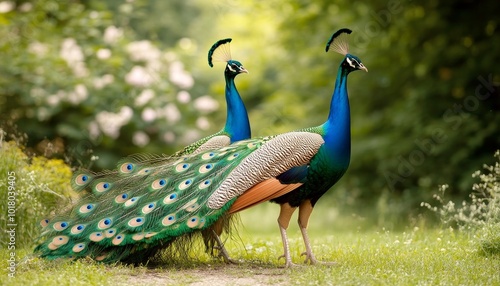 Majestic Peacocks in a Lush Garden