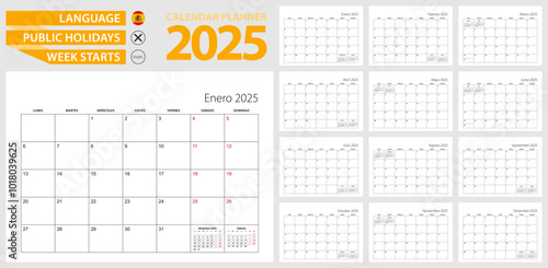 Spanish calendar planner for 2025. Spanish language, week starts from Monday.