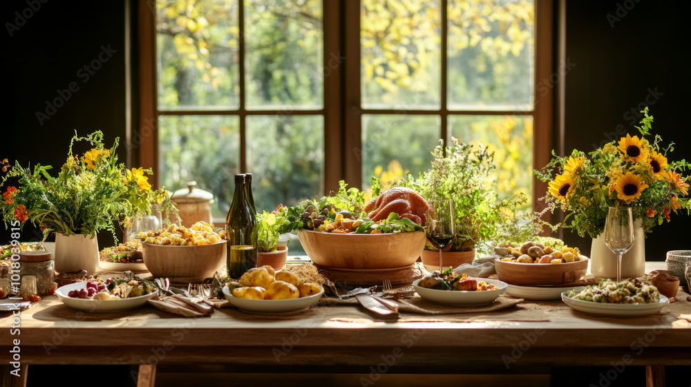 A beautifully arranged dining table filled with variety of delicious dishes, fresh flowers, and sunlight streaming through windows, creating warm and inviting atmosphere A beautifully arranged dining table filled with variety of delicious dishes, fresh flowers, and sunlight streaming through windows, creating warm and inviting atmosphere