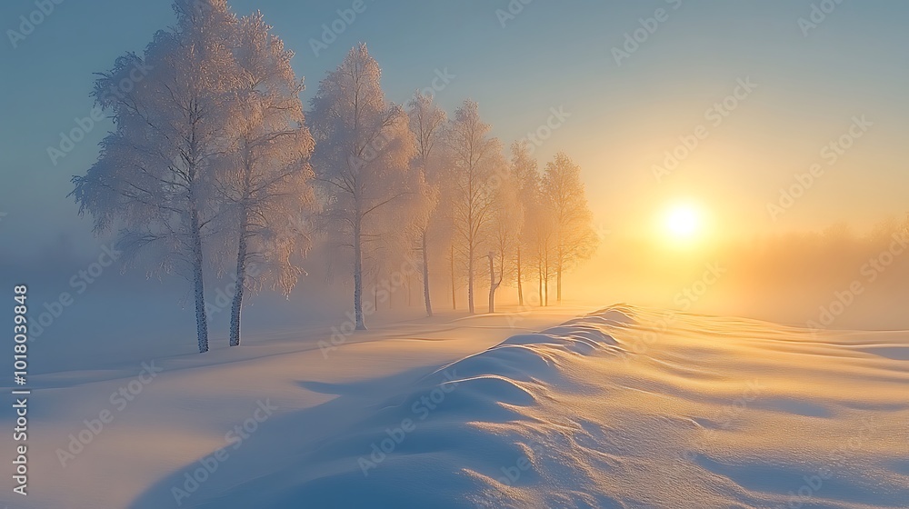 A row of snow-covered trees stand in a snowy field as the sun rises over the horizon. A row of snow-covered trees stand in a snowy field as the sun rises over the horizon.