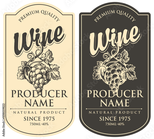 set Wine labels with a bunch of grapes and inscriptions in retro style. Vector hand-drawn label on black and white background