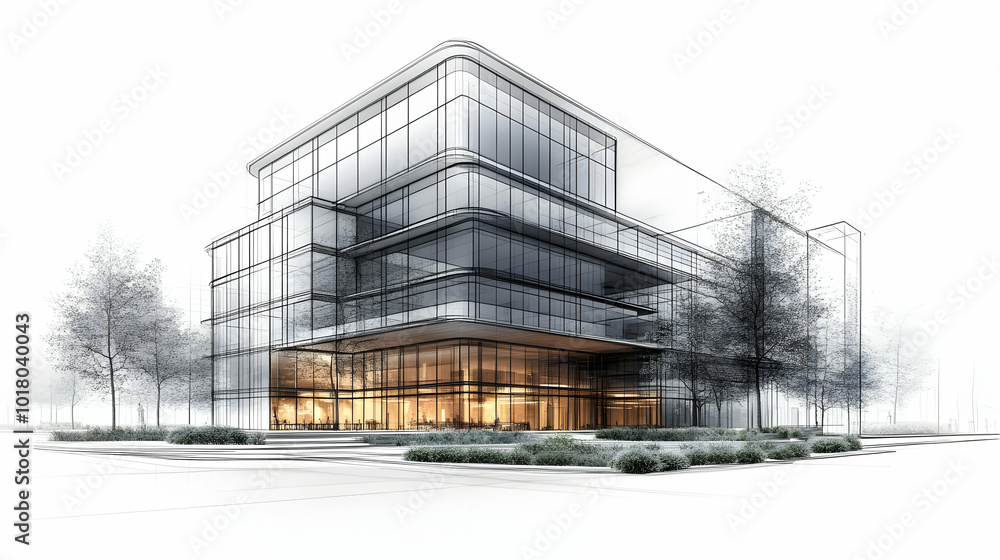 Modern architectural design featuring a glass facade and greenery. Modern architectural design featuring a glass facade and greenery.