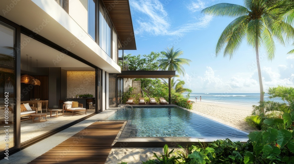 Fototapeta premium Elegant beach villa with a private pool and beachfront access, no people. Open space for text in the sky.