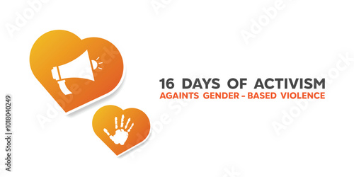 16 Days of Activism against Gender-Based Violence. Horn speaker, hand and heart. Great for cards, banners, posters, social media and more. White background. 