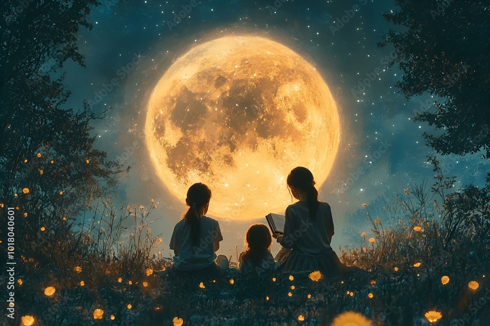 a group of people sitting in a field looking at the moon
a group of people sitting in a field looking at the moon