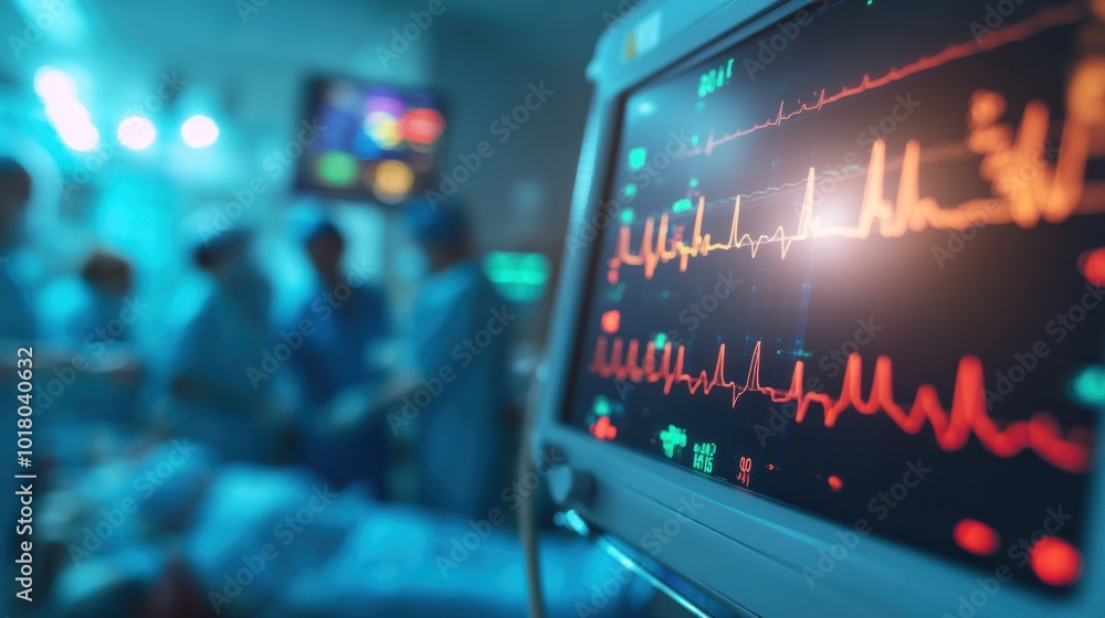 Obraz premium A close-up of an ECG monitor in a hospital operating room showing the fluctuating heart rate of a patient under anesthesia surrounded by advanced surgical equipment