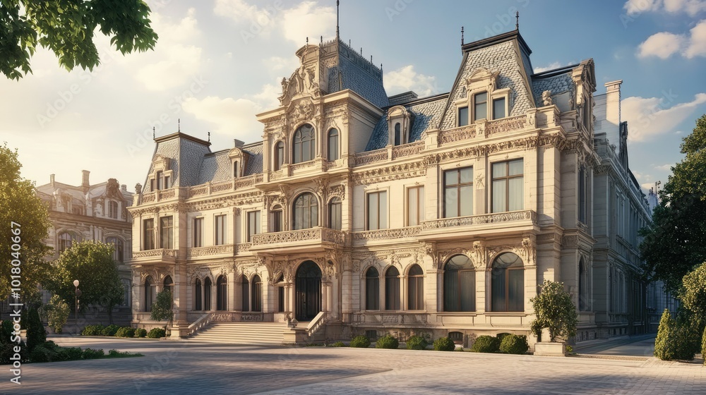 Elegant European embassy building with intricate design, no people. Plenty of room for text in the surroundings. Elegant European embassy building with intricate design, no people. Plenty of room for text in the surroundings.