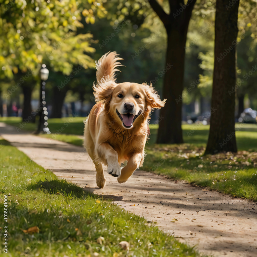A golden retriever running happily in a park A golden retriever running happily in a park