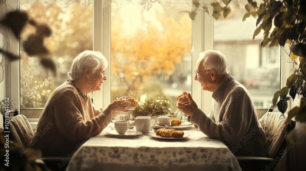 A retired couple sharing a peaceful breakfast in their home with fresh coffee and pastries on the table surrounded by the warmth of a bright morning A retired couple sharing a peaceful breakfast in their home with fresh coffee and pastries on the table surrounded by the warmth of a bright morning
