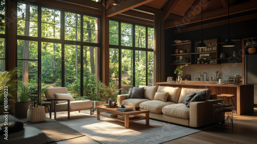 A cozy living room featuring large windows that bring in natural light, surrounded by lush greenery. space is elegantly designed with wooden accents and comfortable furniture, creating warm atmosphere