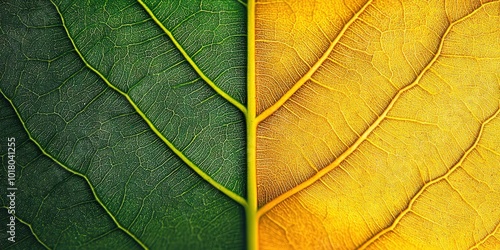 leaf veins, centrally divided into two equal halves, half green and half orange photo