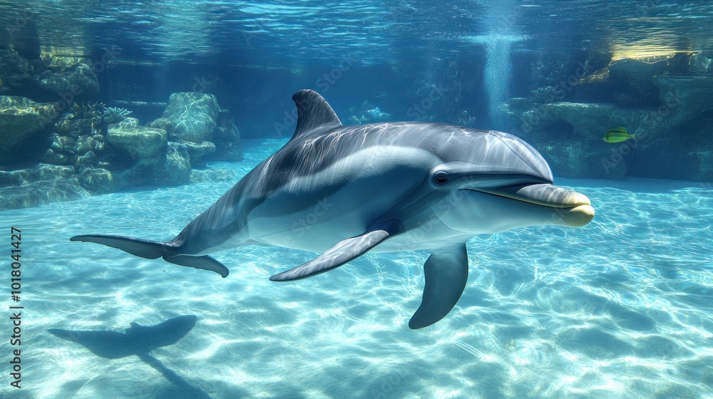 Naklejka premium A dolphin swimming gracefully in clear blue water, showcasing its beauty and agility.