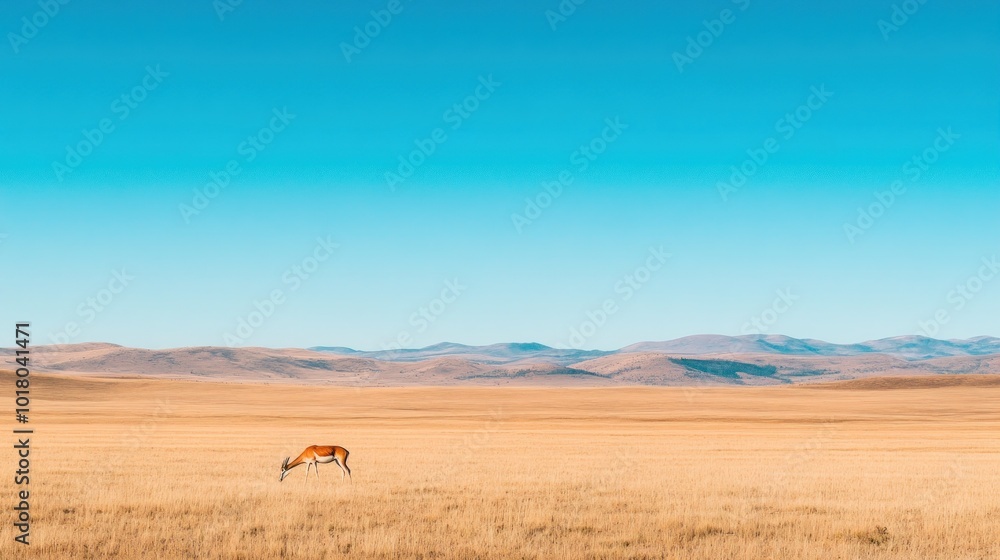 A solitary antelope grazes in a vast, open grassland under a clear blue sky. A solitary antelope grazes in a vast, open grassland under a clear blue sky.
