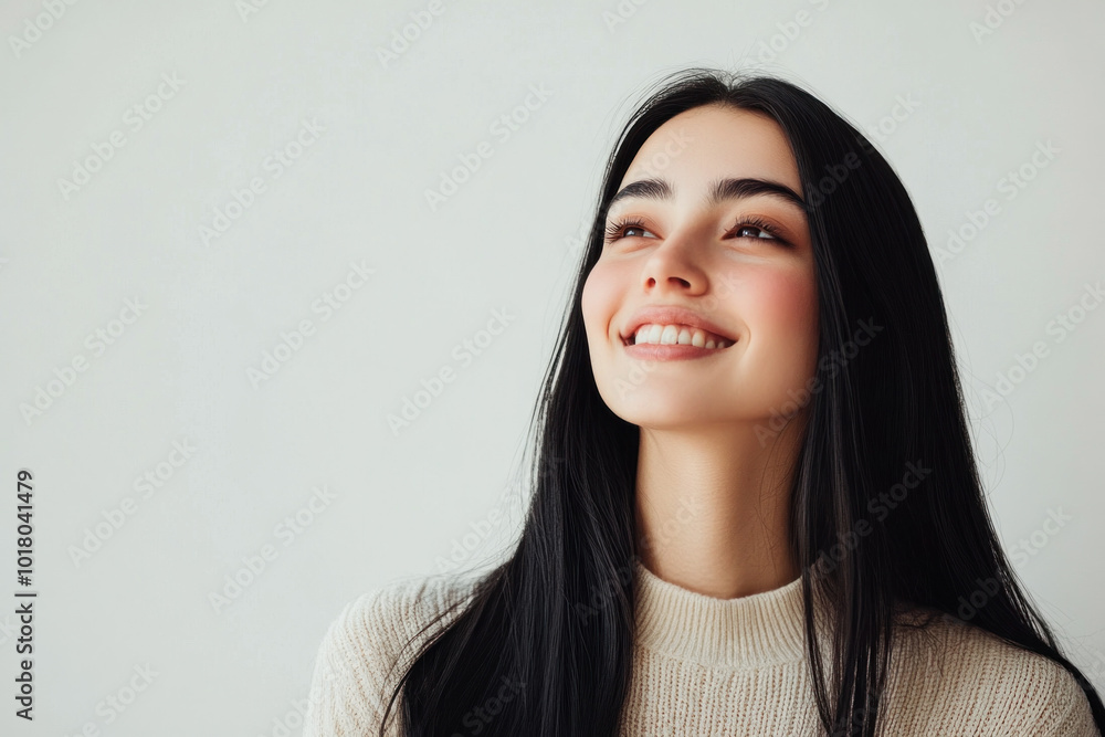 Woman with long black hair wearing a white sweater, laughing in a bright sunlit field of wildflowers, with butterflies fluttering around her. Woman with long black hair wearing a white sweater, laughing in a bright sunlit field of wildflowers, with butterflies fluttering around her.