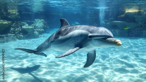 A dolphin swimming gracefully in clear blue water, showcasing its beauty and agility.