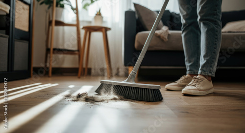 Wallpaper Mural Person sweeping wooden floor in cozy living room Torontodigital.ca