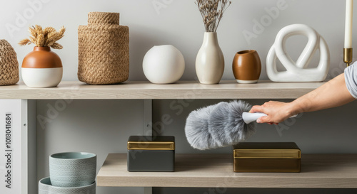 Person dusting beautifully arranged decorative objects on shelves photo