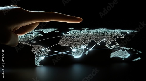 Hand Interacting with Digital Global Network Map #1018041873