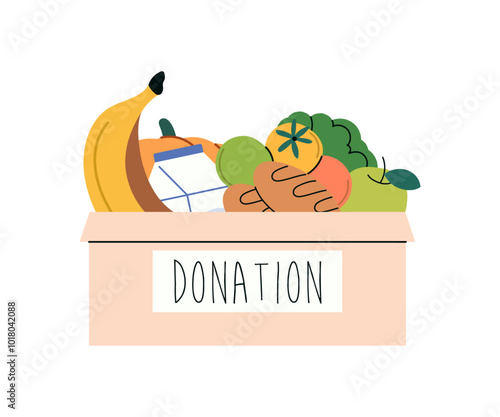 Food and grocery donation concept, charity, food donation for hungry people, humanitarian help, charitable voluntary aid for needy people, volunteers donating charity box flat vector illustration.