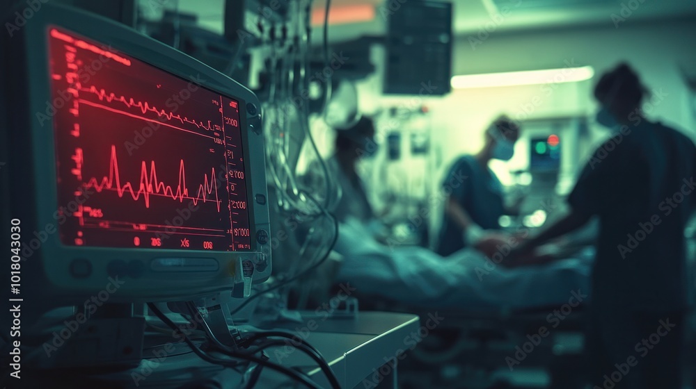 In a dimly lit intensive care unit an ECG monitor displays a patient's heart rate with rhythmic pulses as medical staff work diligently in the background ensuring stability In a dimly lit intensive care unit an ECG monitor displays a patient's heart rate with rhythmic pulses as medical staff work diligently in the background ensuring stability