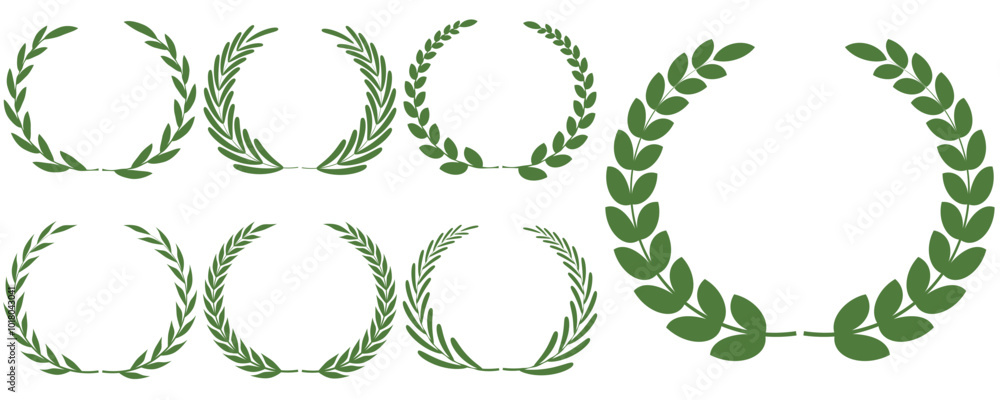 Set of green silhouette laurel foliate, olive wreaths. Vector illustration for your frame, border, ornament design, wreaths depicting an award, achievement, heraldry, emblem, logo. Set of green silhouette laurel foliate, olive wreaths. Vector illustration for your frame, border, ornament design, wreaths depicting an award, achievement, heraldry, emblem, logo.
