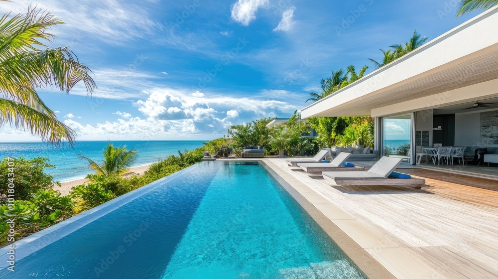 Fototapeta premium Luxurious beachside villa with an elegant pool and sea view, no people. Ample room for text in the sky