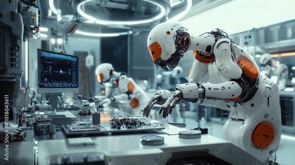 In a high-tech industrial lab scientists are meticulously working with robotic arms and AI-driven systems developing next-generation materials and innovative technologies In a high-tech industrial lab scientists are meticulously working with robotic arms and AI-driven systems developing next-generation materials and innovative technologies
