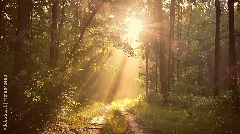 Obraz premium Sunbeams illuminate a path through a green forest.
