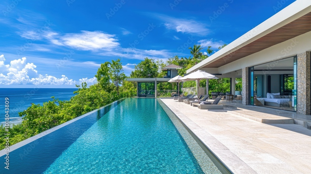 Luxurious villa with a crystal-clear pool and panoramic ocean view, no people. Ample room for text in the background. Luxurious villa with a crystal-clear pool and panoramic ocean view, no people. Ample room for text in the background.