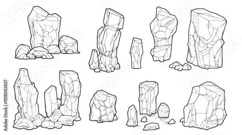 Hand drawn rocks. Gravel stones and boulders sketch. Architectural outline Drawings Pebble piles. Heavy cobblestones and granite rubble. Vector black and white doodle nature elements set