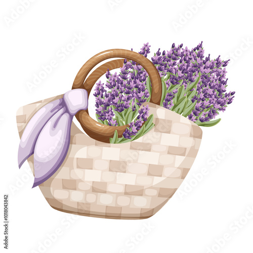 Wicker cartoon bag with lavender bouquet and purple ribbon. Big craft handbag with round handles and flowers. Fashion accessory, summer walk mascot, cartoon cute bag of lady vector illustration