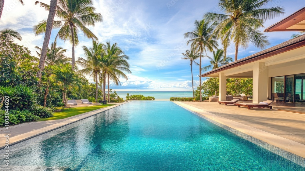 Luxury beachfront villa with a serene pool surrounded by palm trees, no people. Room for text in the sky above Luxury beachfront villa with a serene pool surrounded by palm trees, no people. Room for text in the sky above