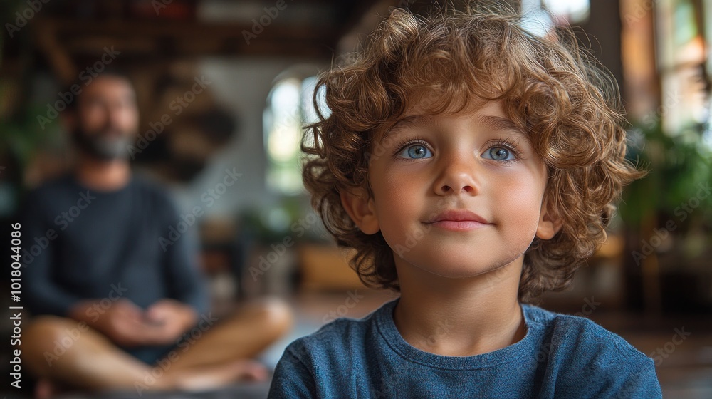 A child gazes thoughtfully while an adult meditates in the background. A child gazes thoughtfully while an adult meditates in the background.