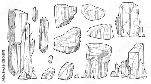 Hand drawn rocks. Gravel stones and boulders sketch. Architectural outline Drawings Pebble piles. Heavy cobblestones and granite rubble. Vector black and white doodle nature elements set
