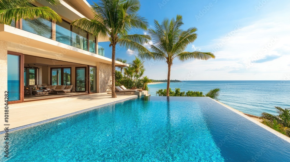 Fototapeta premium Luxury oceanfront villa with a private pool and palm trees, no people. Copy space available in the background.