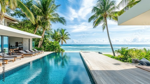 Luxury oceanfront villa with a private pool and palm trees, no people. Copy space available in the background.