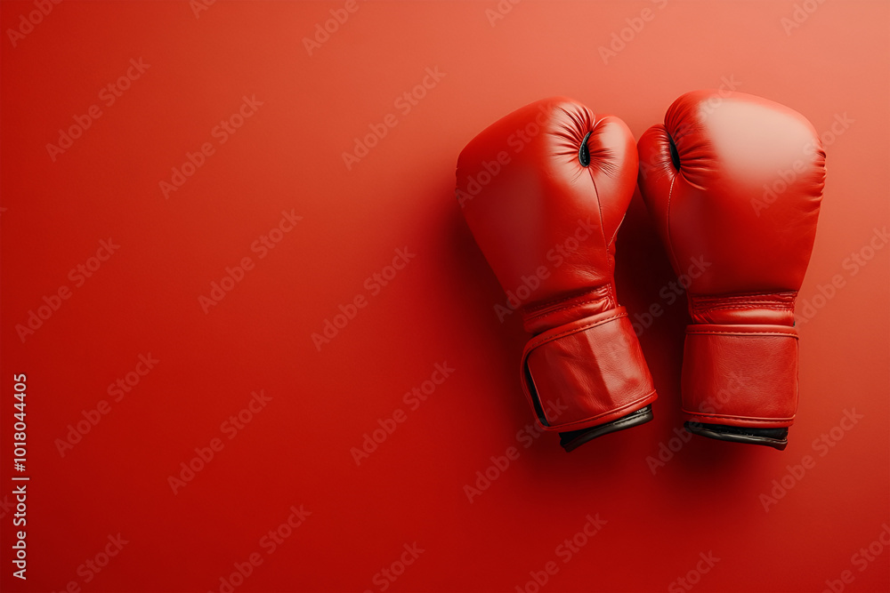 Red boxing gloves on color background, top view. Red boxing gloves on color background, top view.