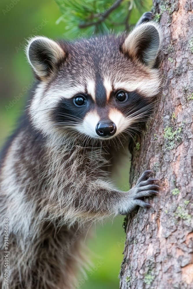A close-up of a raccoon climbing a tree, showcasing its curious expression and detailed fur. A close-up of a raccoon climbing a tree, showcasing its curious expression and detailed fur.