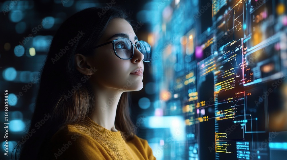 Young Woman Analyzing Data on a Digital Interface Young Woman Analyzing Data on a Digital Interface