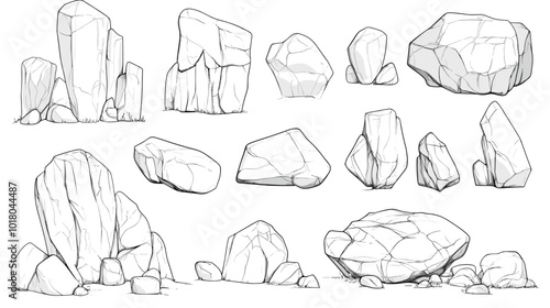 Hand drawn rocks. Gravel stones and boulders sketch. Architectural outline Drawings Pebble piles. Heavy cobblestones and granite rubble. Vector black and white doodle nature elements set