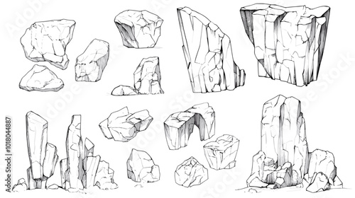 Hand drawn rocks. Gravel stones and boulders sketch. Architectural outline Drawings Pebble piles. Heavy cobblestones and granite rubble. Vector black and white doodle nature elements set