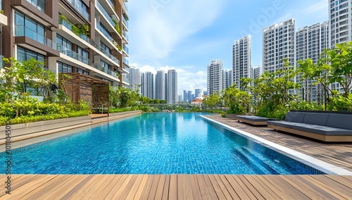 Rooftop pool with city skyline view and lush greenery.