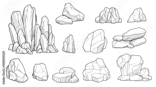Hand drawn rocks. Gravel stones and boulders sketch. Architectural outline Drawings Pebble piles. Heavy cobblestones and granite rubble. Vector black and white doodle nature elements set
